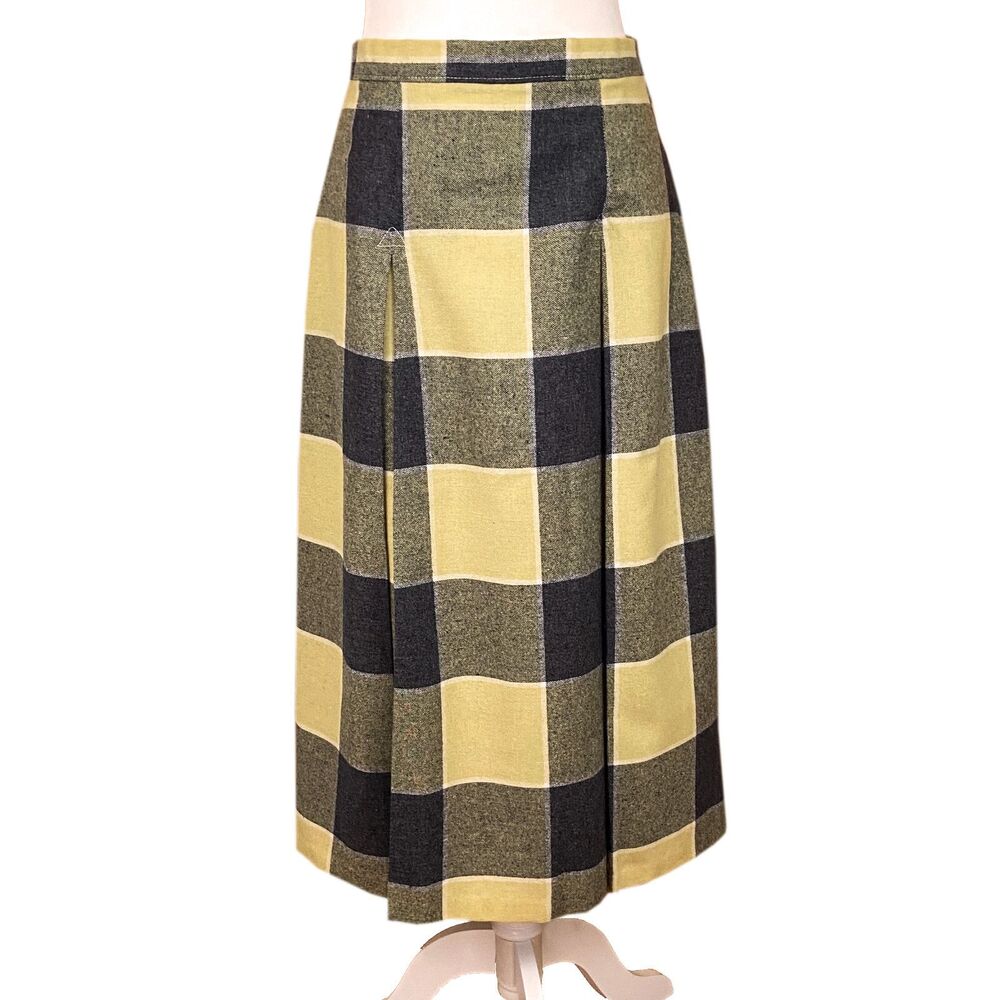 Vintage New Attitude Russ Togs Midi Skirt Sz 14 *Fits like 8* Yellow Black Plaid